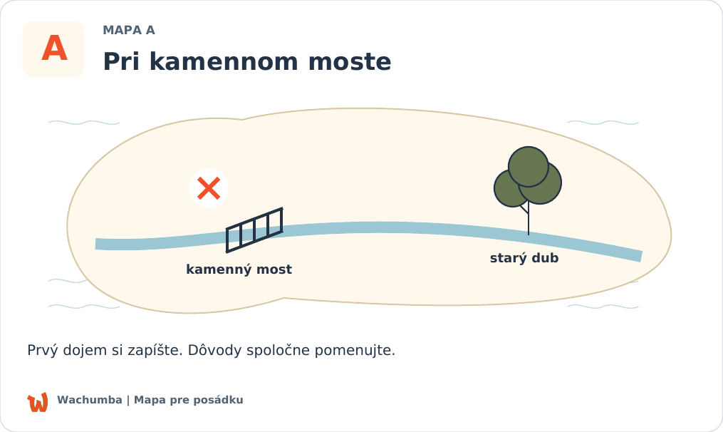 Ukážka mapy A z kartičiek Wachumba: ostrov s kamenným mostom, starým dubom a krížikom pri moste